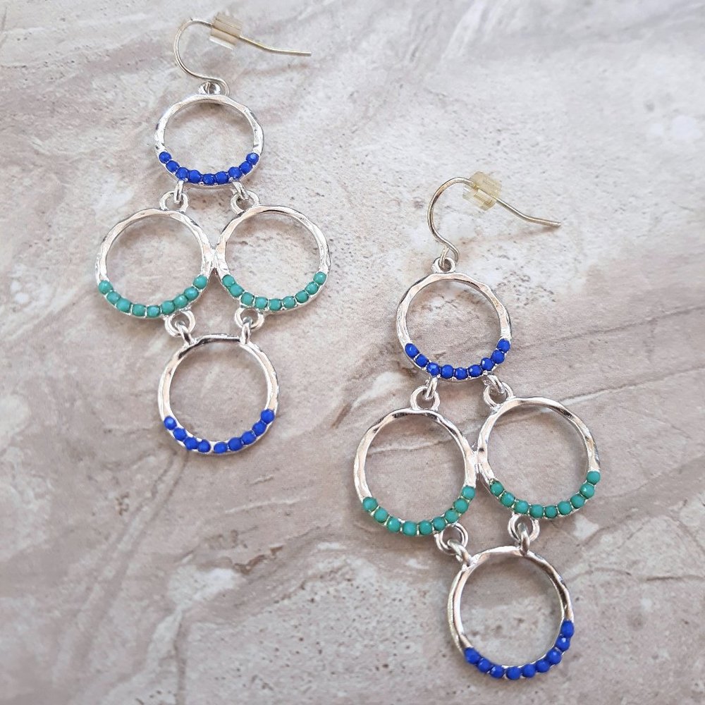 Blue and Silver Tiered Hoop Dangle Earrings